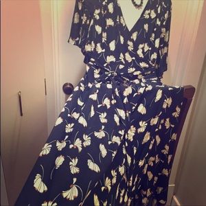 Dark navy fan print wrap dress